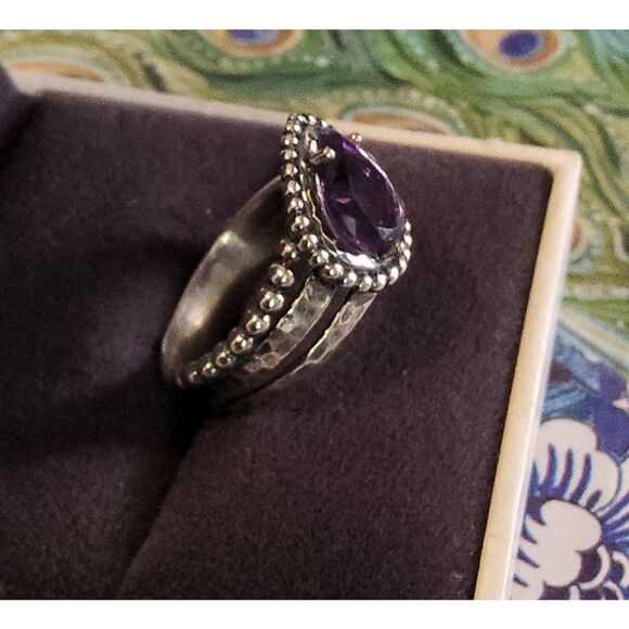 New~PAZ CREATIONS Pear Cut Genuine Amethyst Bead Statement Ring Sz 8~925 SS - Picture 2 of 4